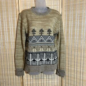 Collageman Vintage 1990s Y2K Row Houses Ship Weathervanes Beige Sweater Large